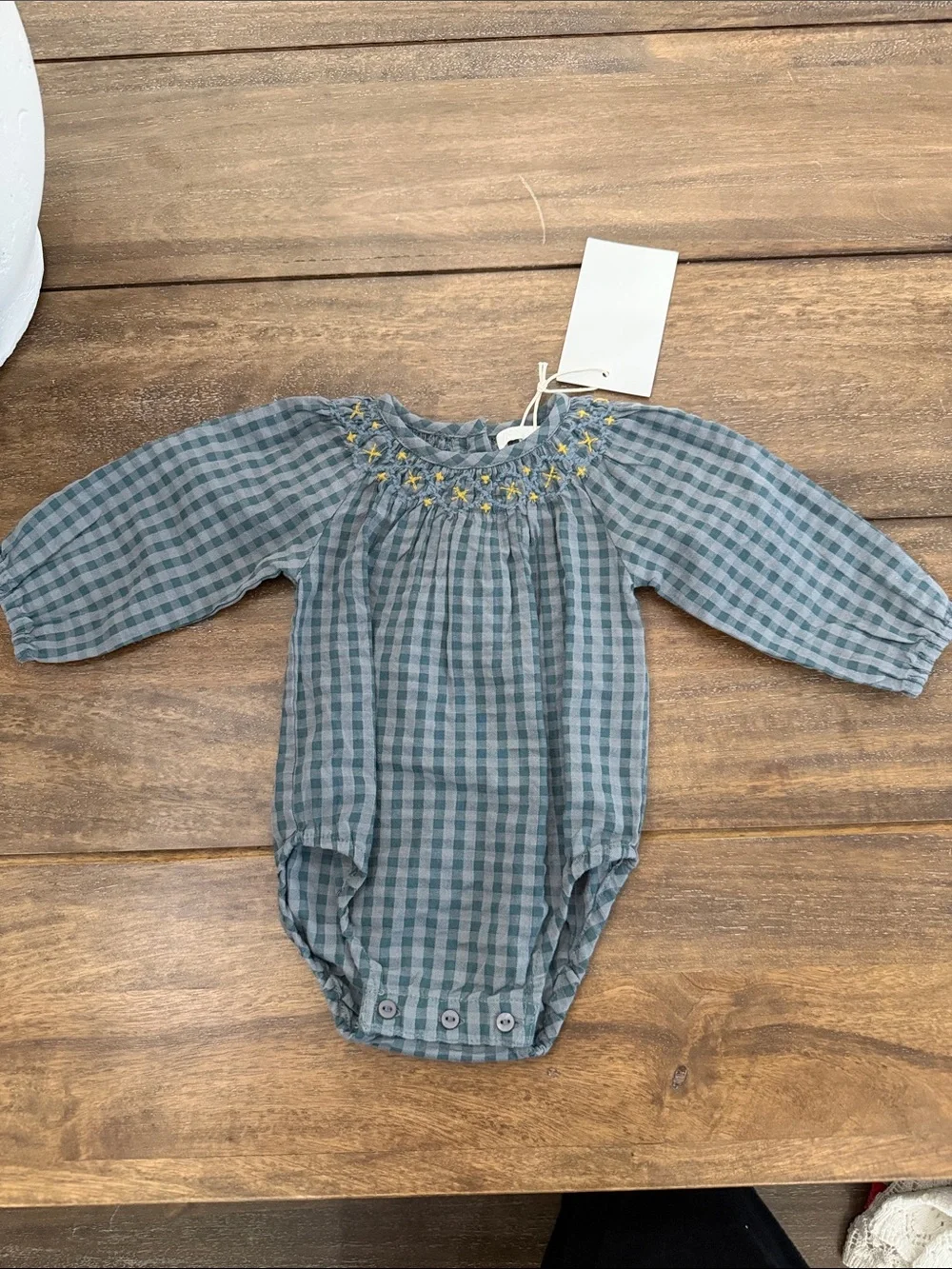 Zara Blue Gingham Long-Sleeve Smocked Bodysuit with Yellow Embroidery